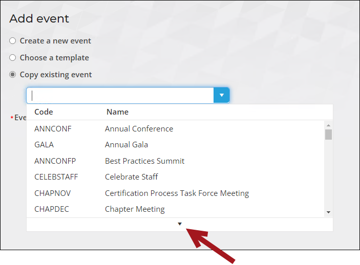 An arrow points to the down arrow of the drop-down list which will load more results as you scroll.